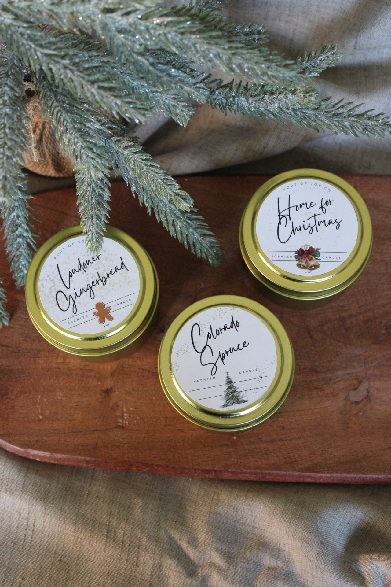 Christmas Gift Set of 3 Golden Tin Candles