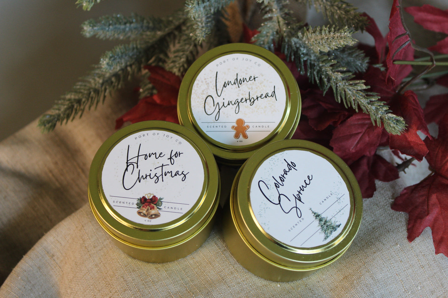 Christmas Gift Set of 3 Golden Tin Candles
