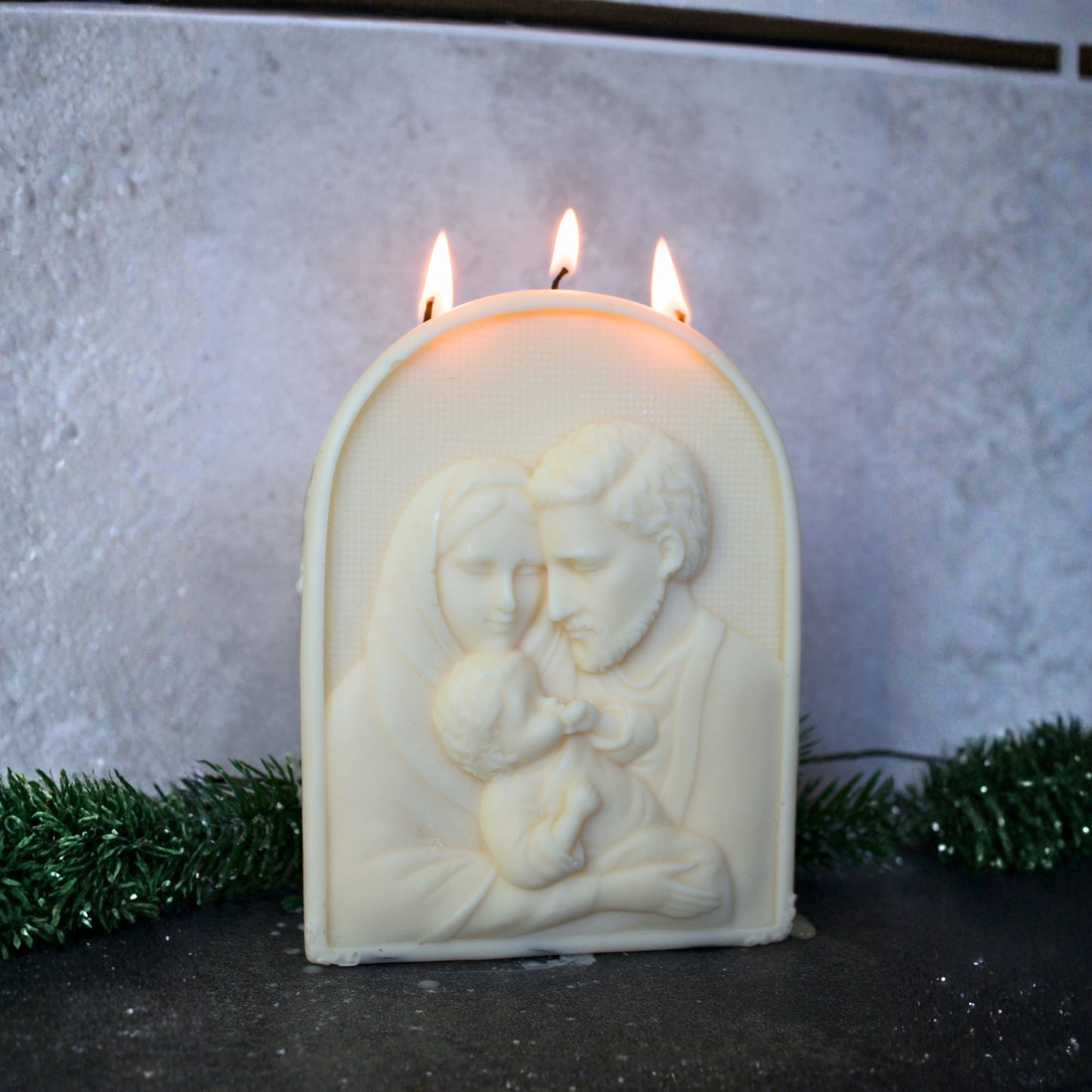 Port of Joy Holy Family large beige pillar candle made from natural soy wax, a beautiful religious present and elegant addition to Christmas home decor