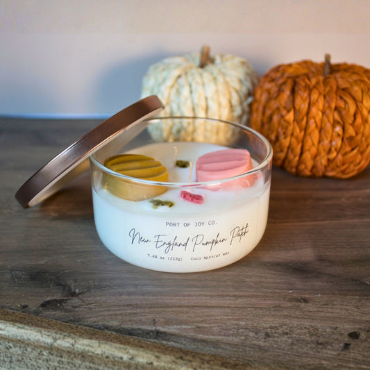 Port of Joy New England Pumpkin Patch candle from the Fall Collection, a vegan, eco-friendly holiday gift with a warm autumn fragrance.