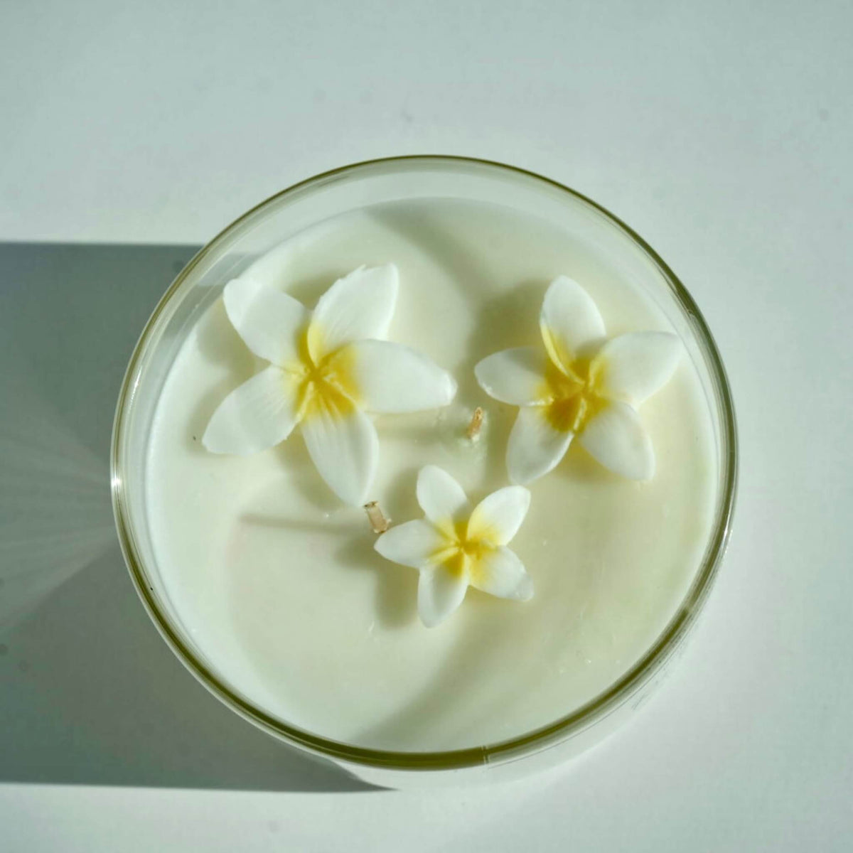 Handmade coconut apricot wax candle with a fresh tropical floral scent in a glass candle