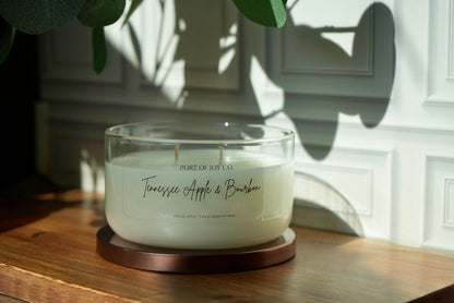 Apple Bourbon candle in reusable glass vessel for cozy fall home décor