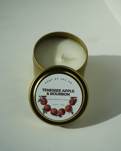 Apple Bourbon 4 oz travel tin candle with warm fall fragrance