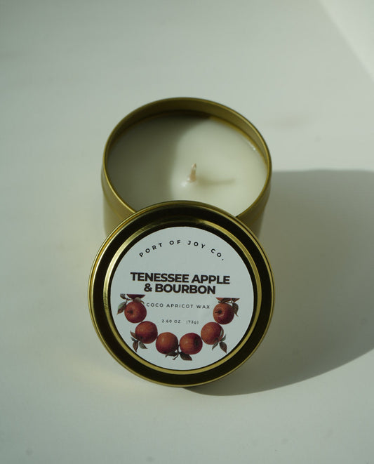 Apple Bourbon 4 oz travel tin candle with warm fall fragrance