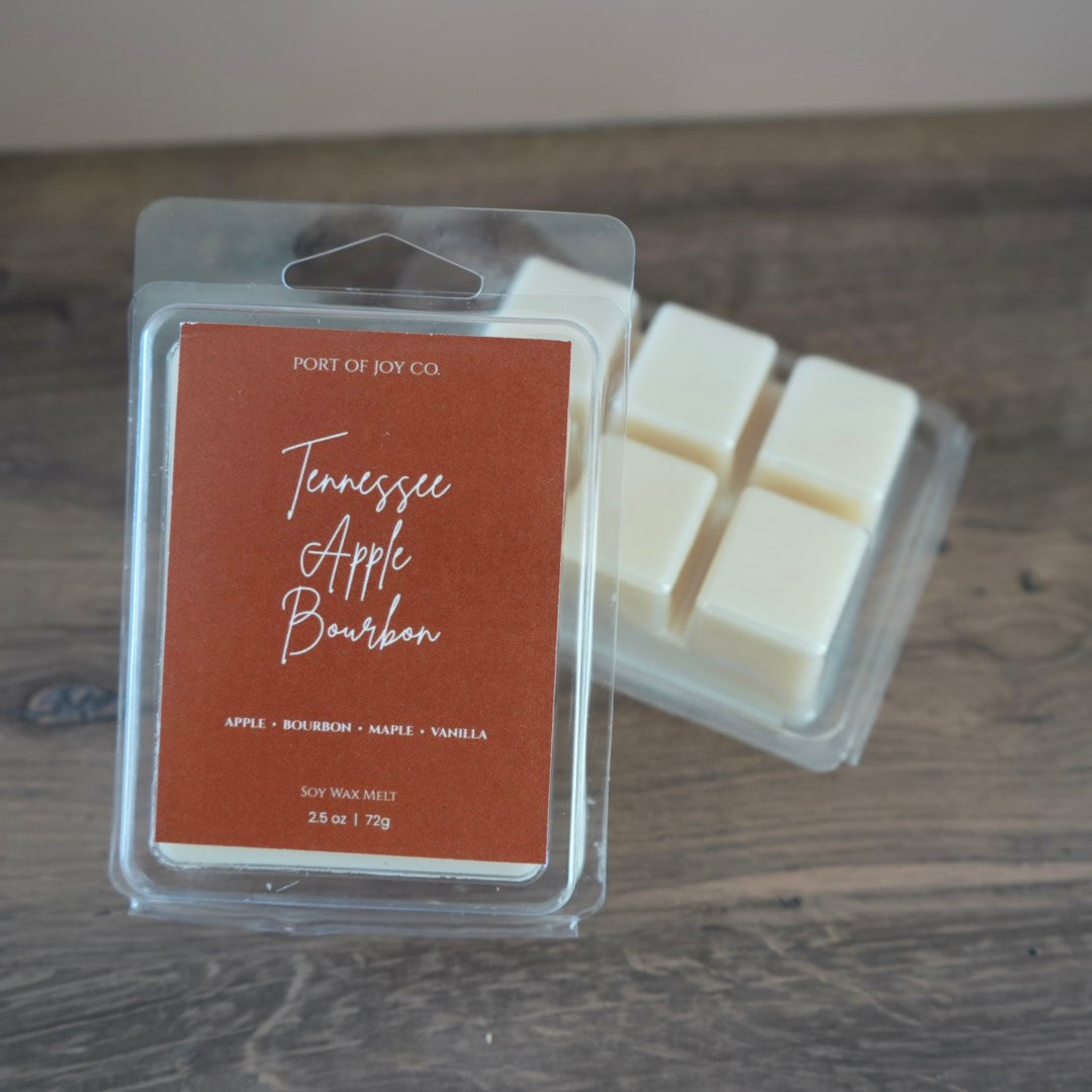 Port of Joy Co. Tennessee Apple Bourbon soy wax melts in a clear clamshell package.