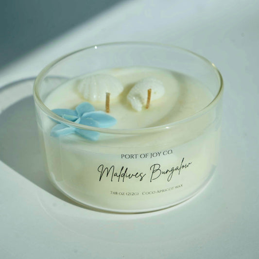 Maldives bungalow travel glass jar candle from port of joy. 