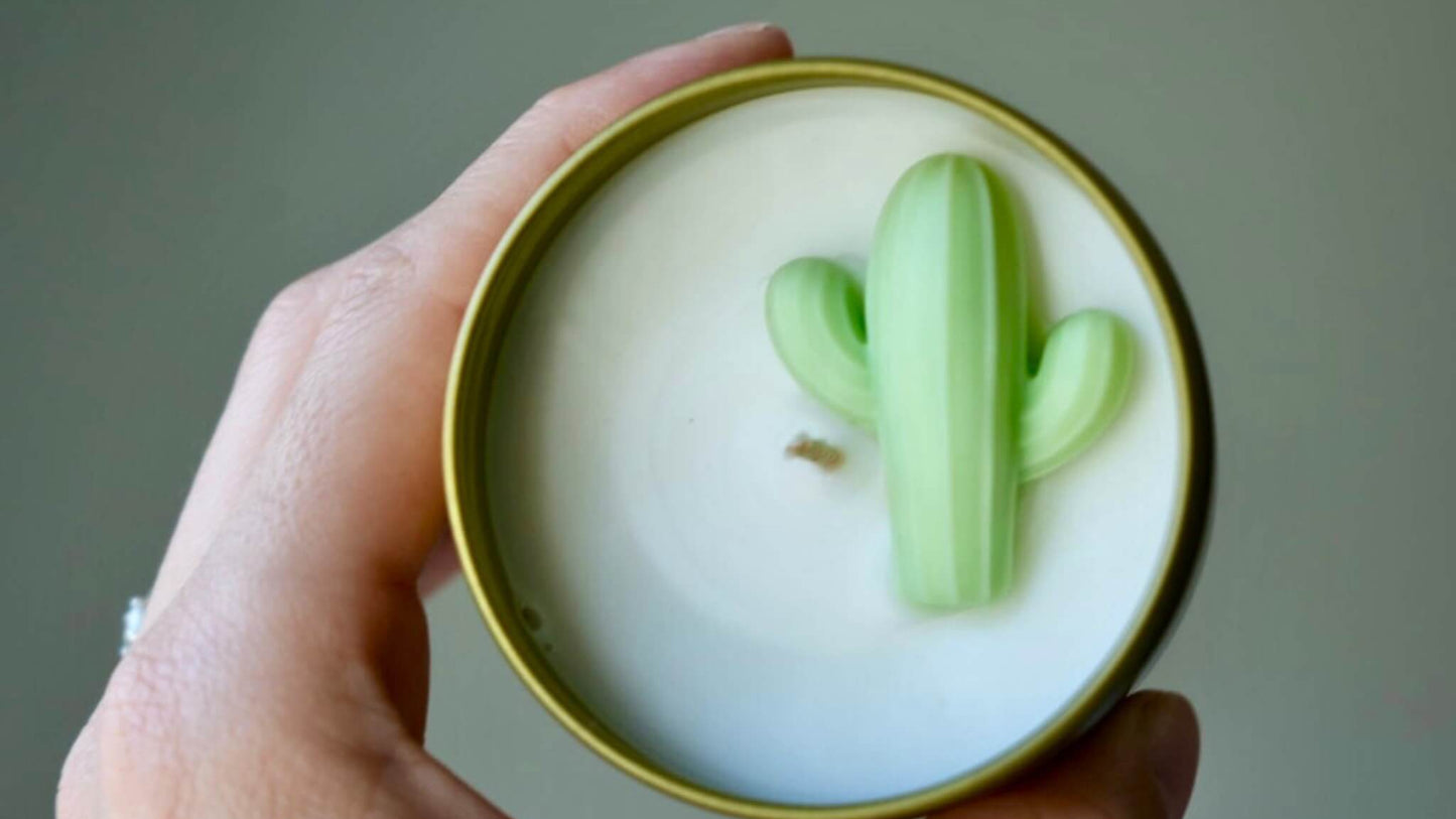 Hand holding a candle with a cactus design on a neutral background