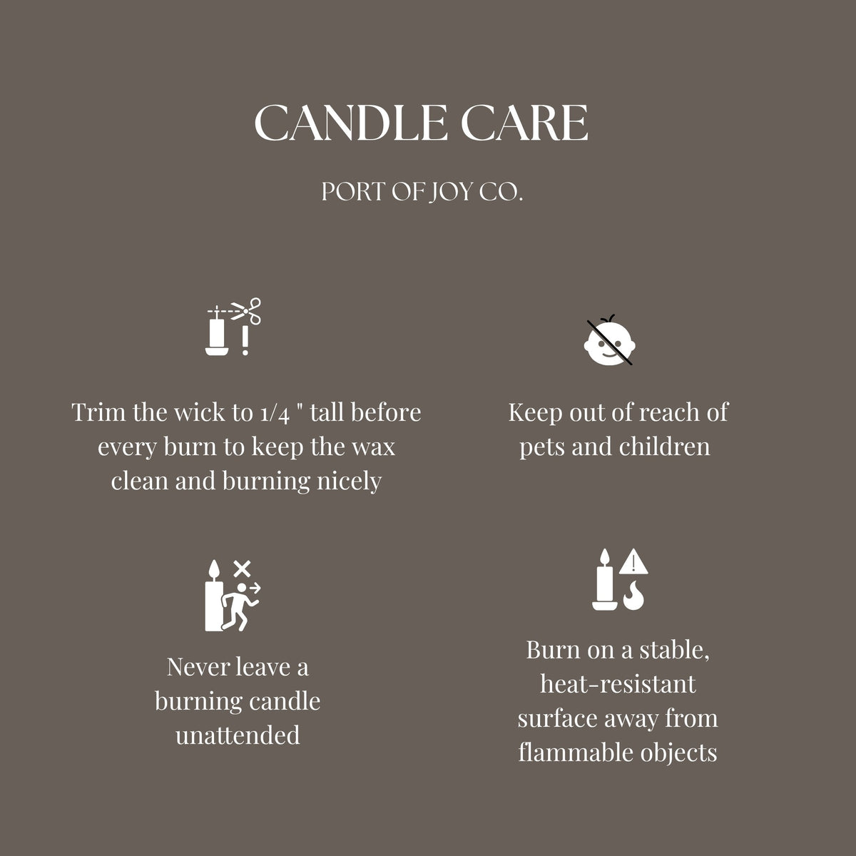 Candle care instructions from Port of Joy Co. on a gray background