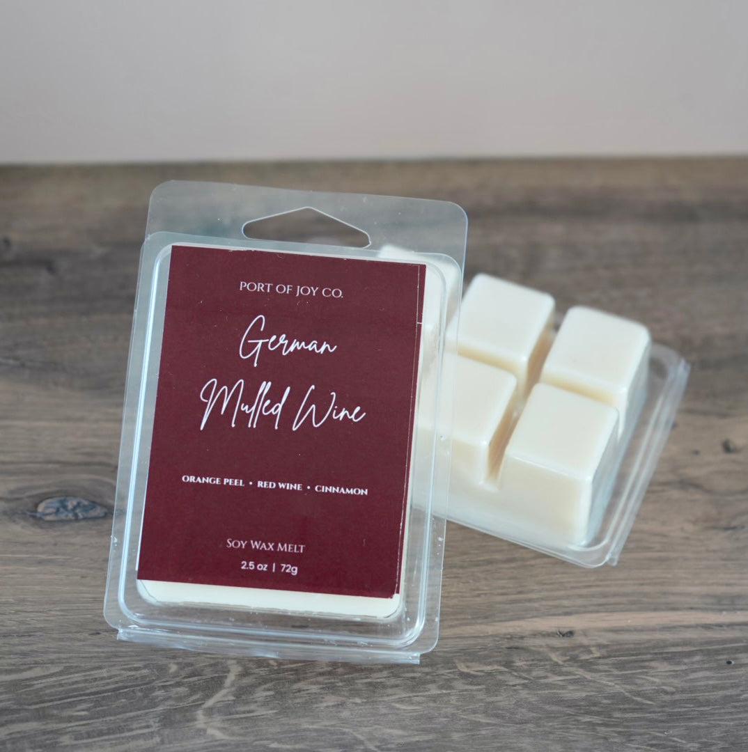 a clamshell package of Port of Joy Co. German Mulled Wine scented soy wax melts