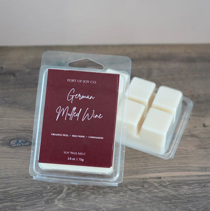 a clamshell package of Port of Joy Co. German Mulled Wine scented soy wax melts