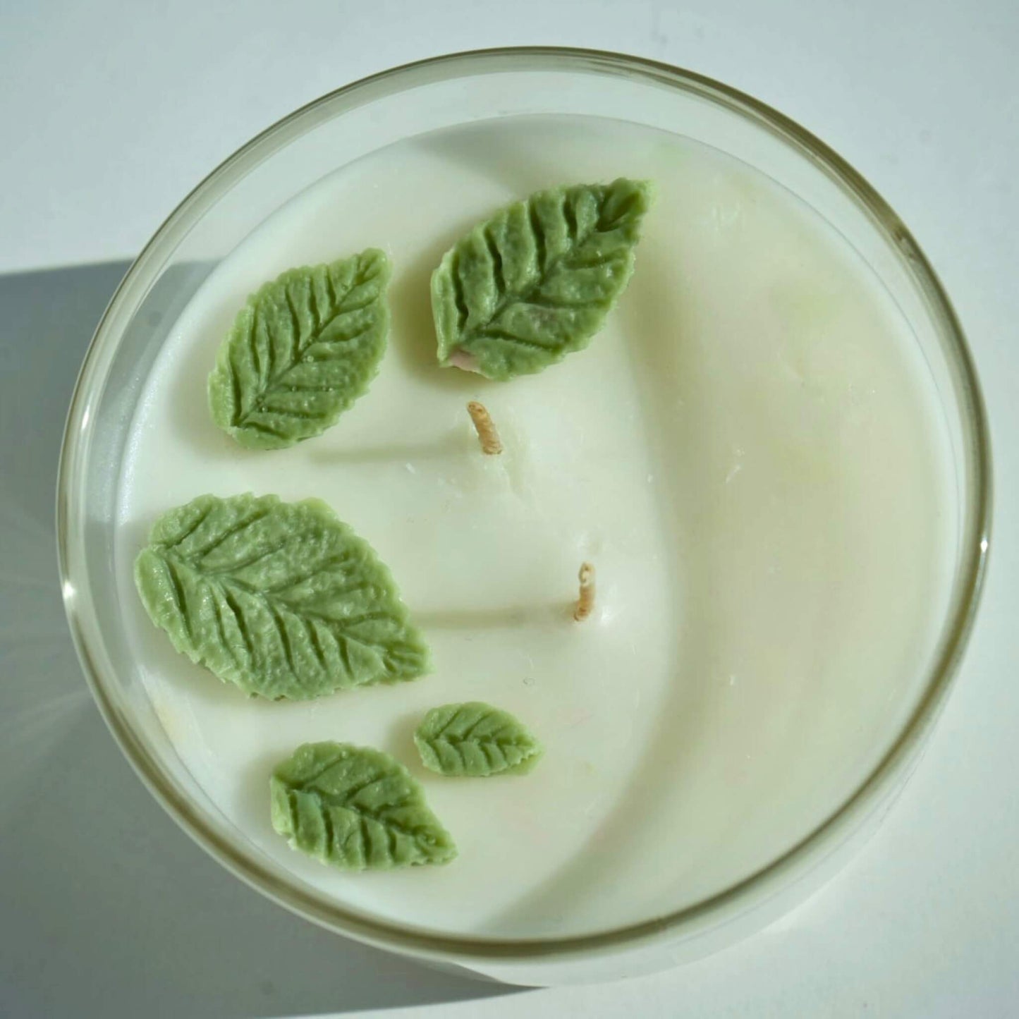 coconut apricot handmade candle with green leaves on top