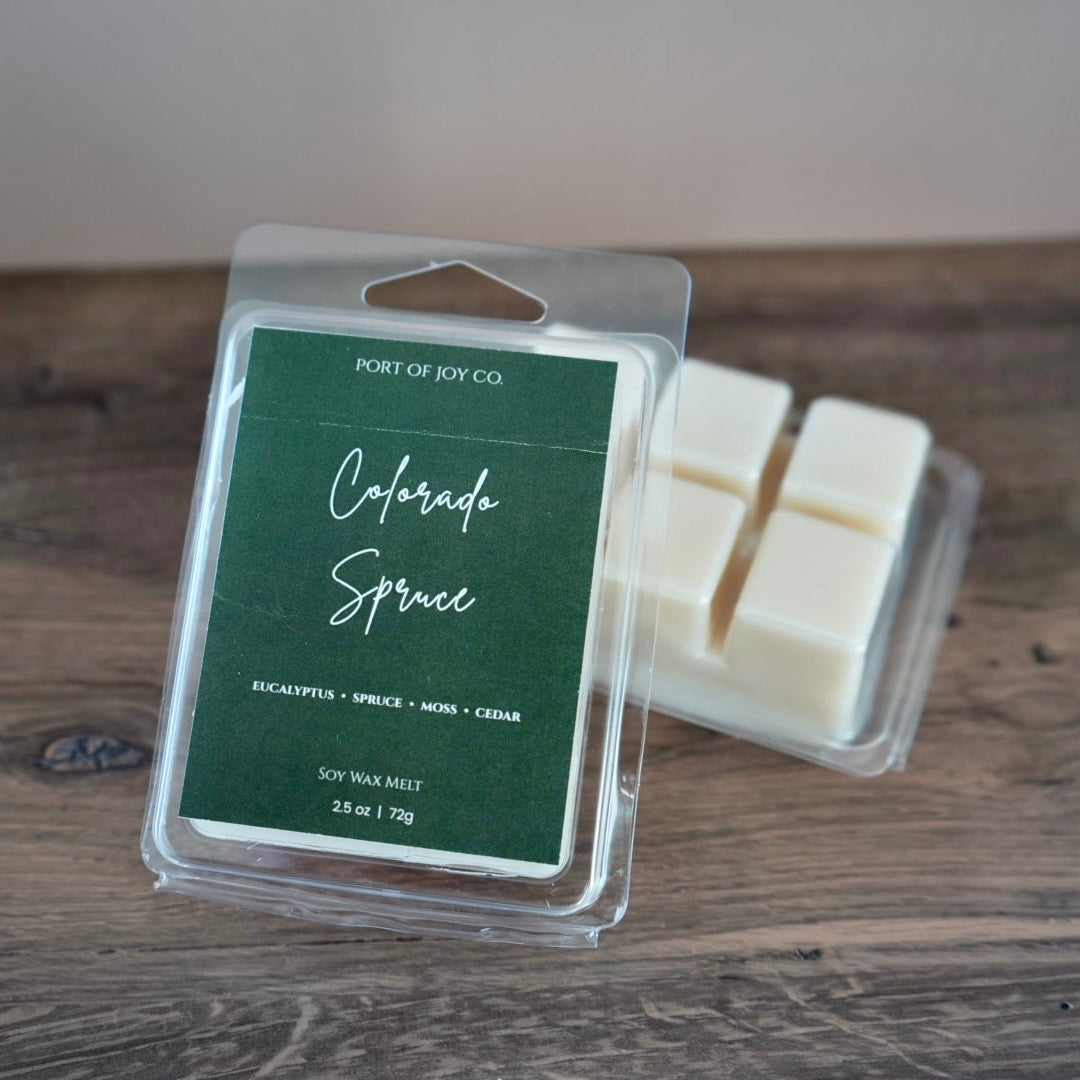 colorado spruce soy wax melt on table
