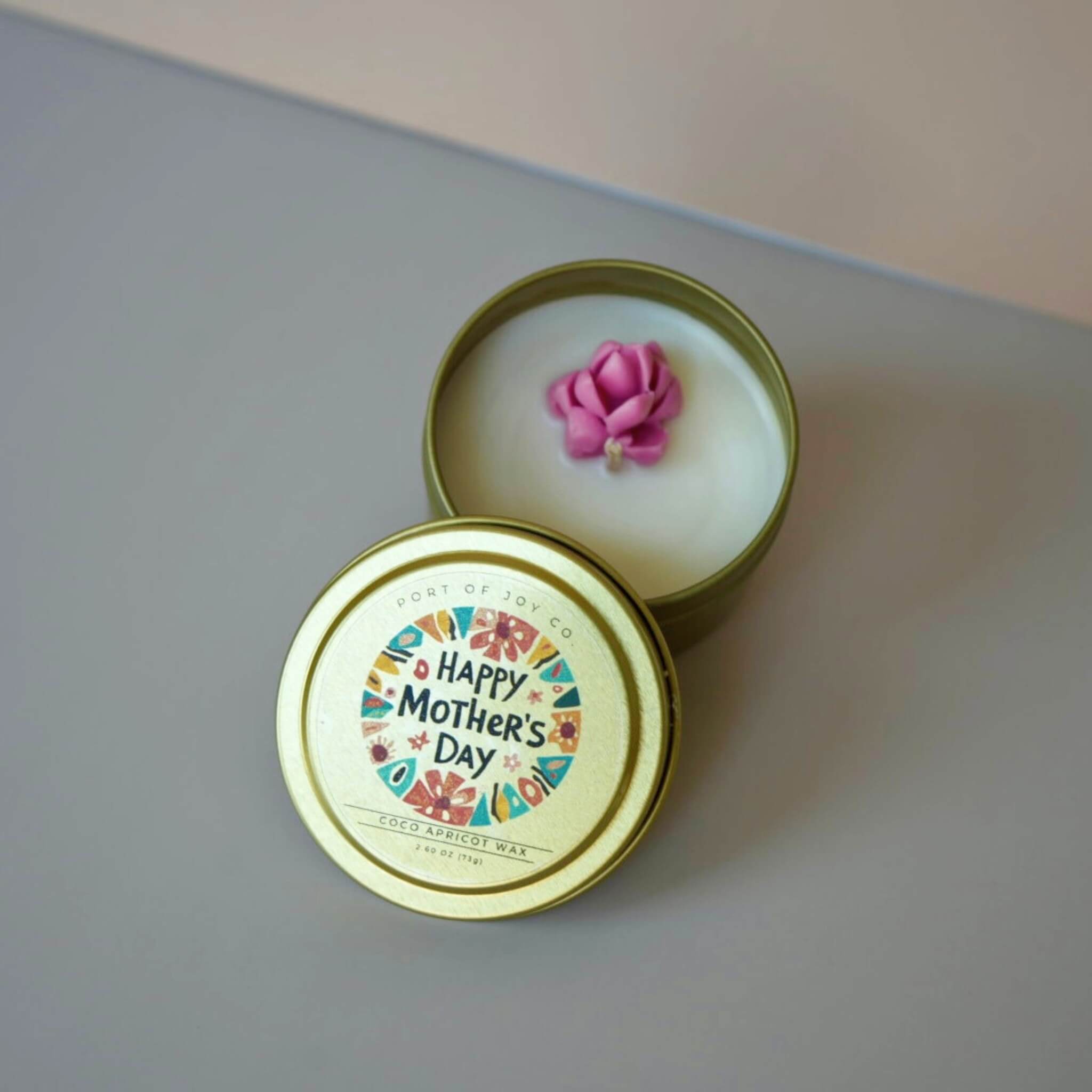 Small candle in a 'Happy Mother's Day' tin with a pink rose 