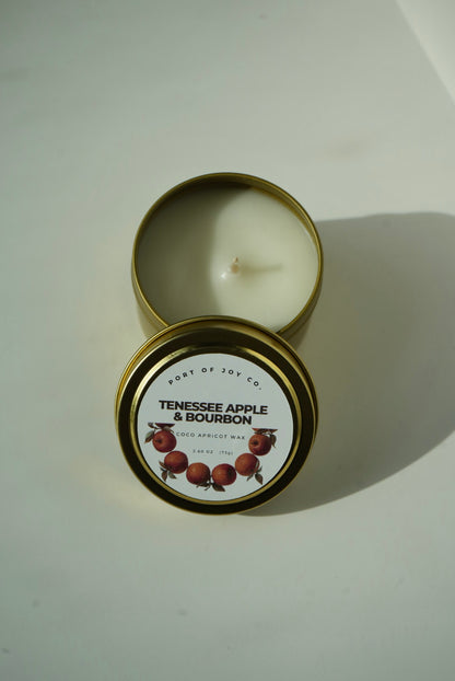 Apple Bourbon travel tin candle for autumn decorating and gifting