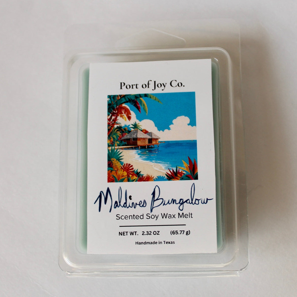 Front label of Port of Joy Maldives soy wax melt in modern minimalist packaging