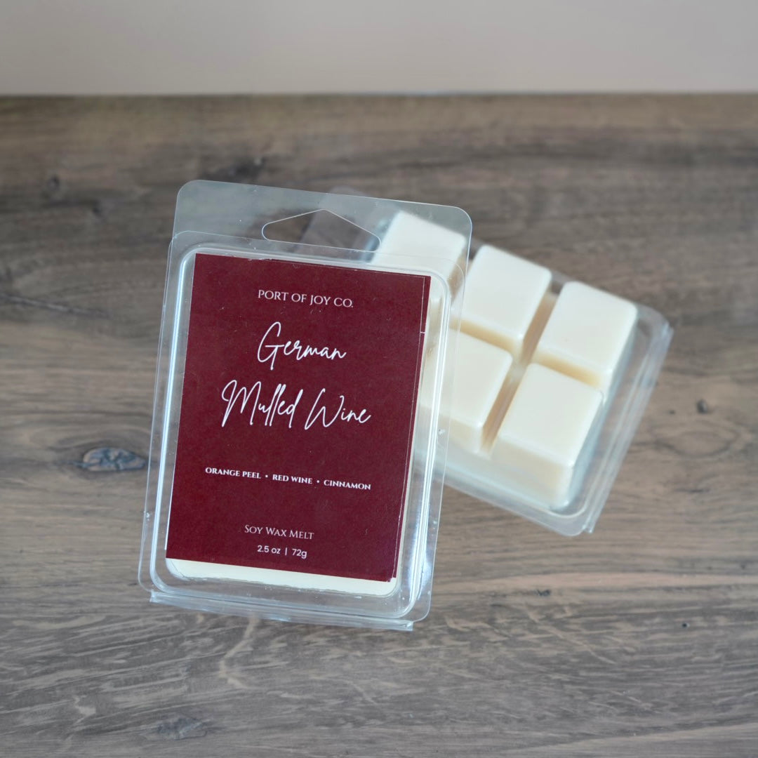 Port of Joy Co. German Muted Wine scented soy wax melts in a clear plastic clamshell package