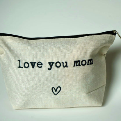 front picture of i love you mom makeup bag.