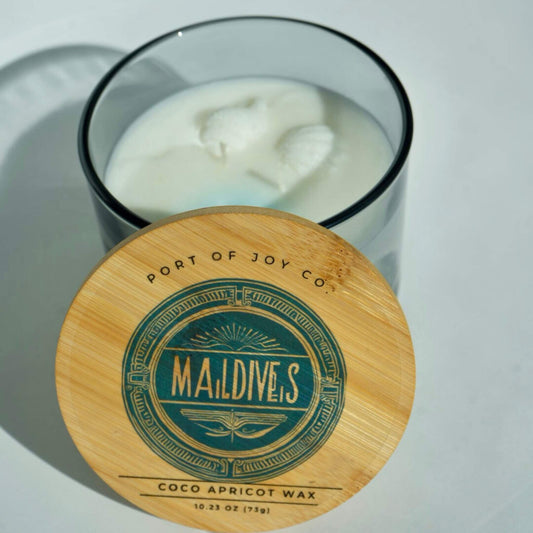 Luxury beach-inspired candle with sea salt, eucalyptus, sandalwood, and soft musk.