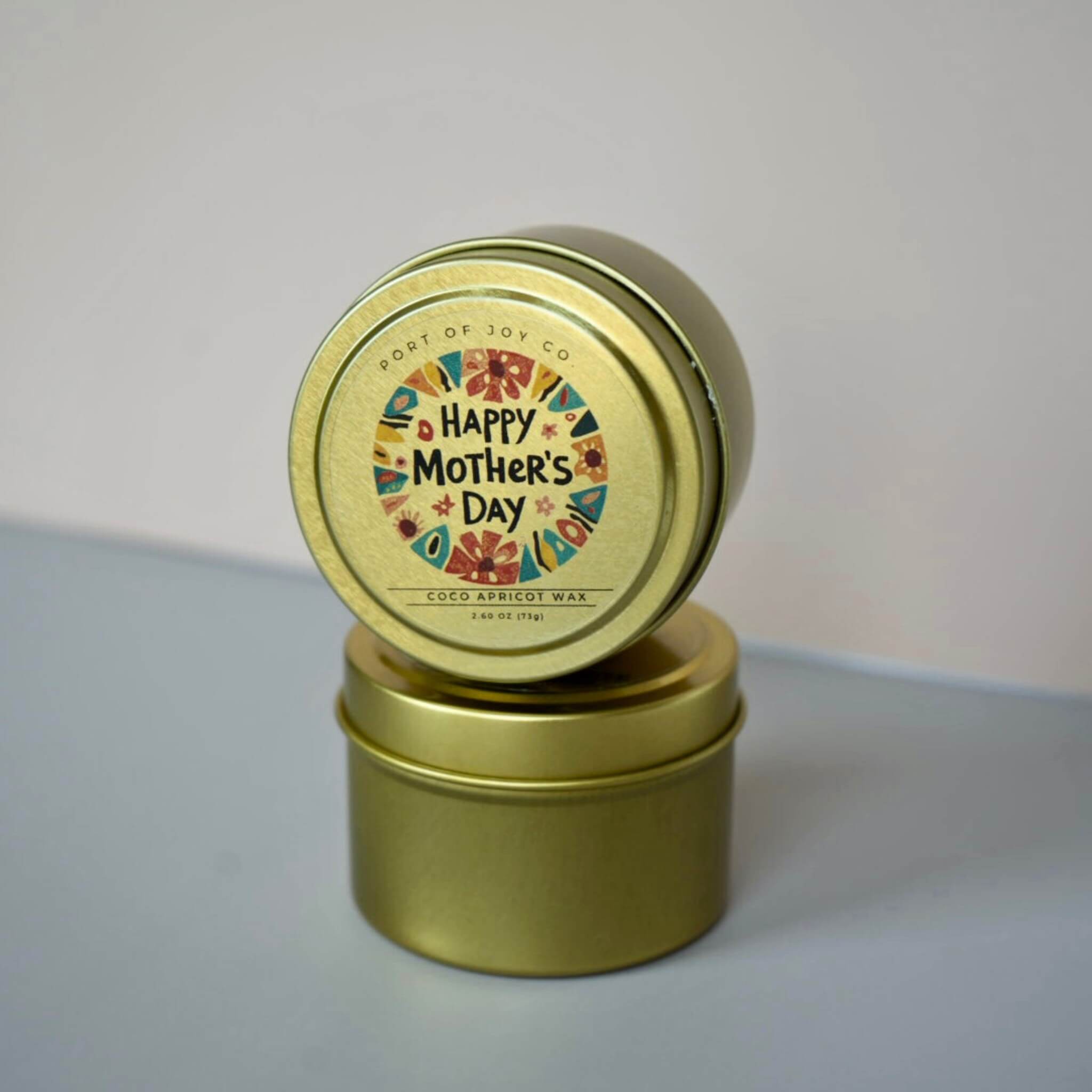 Gold candle tin with 'Happy Mother's Day' lid.