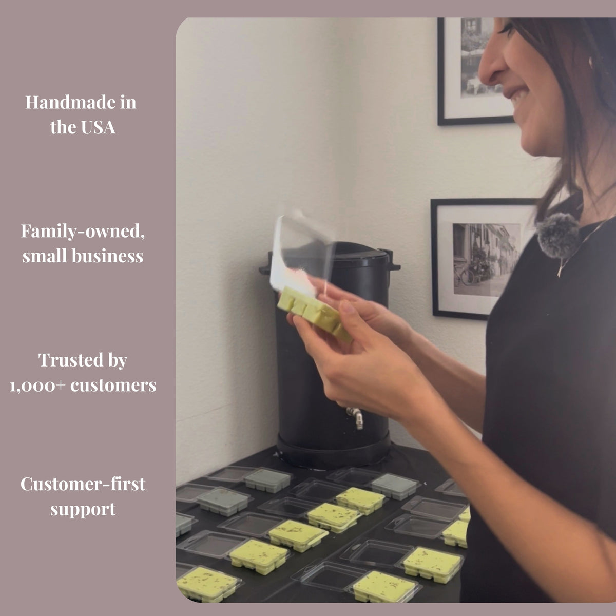 owner packaging products with text about family-owned business, customer trust, and support.