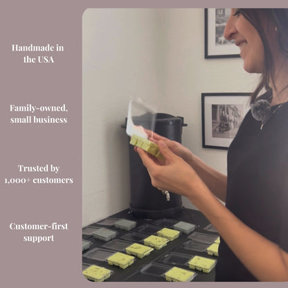 owner packaging products with text about family-owned business, customer trust, and support.
