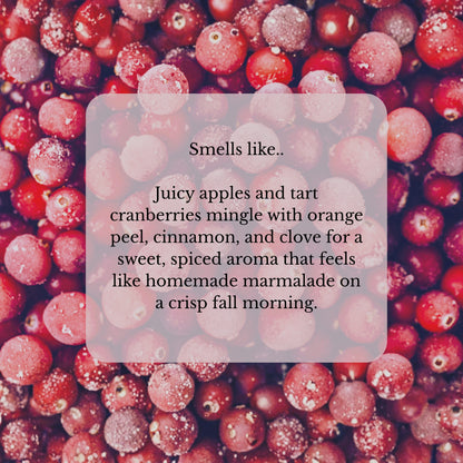 Cape Cod Cranberry candle scent notes. A festive blend of cranberry, apple, orange peel, clove, and wood, capturing one of the best holiday candle scents of the season.