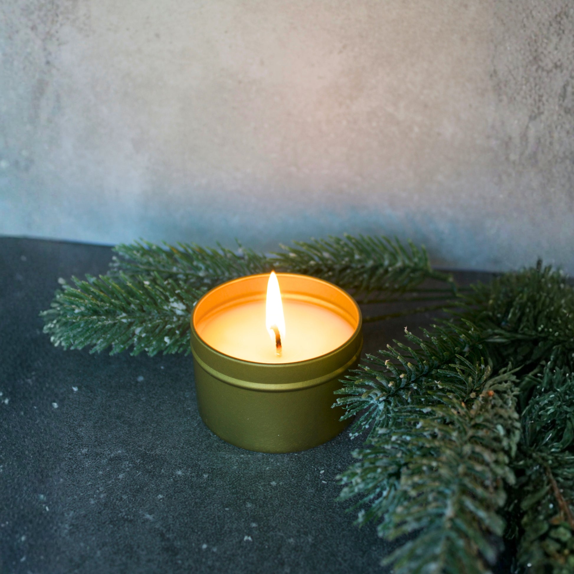 Port of Joy Colorado Spruce mini tin candle, a handmade 4 oz candle with fresh notes of eucalyptus, spruce, moss, cedar, and amber, perfect Christmas gift or stocking stuffer