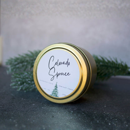 Front view of Port of Joy Colorado Spruce candle, a handmade soy and coconut wax candle with fresh spruce, cedar, and amber scent, ideal for Christmas décor or gifting