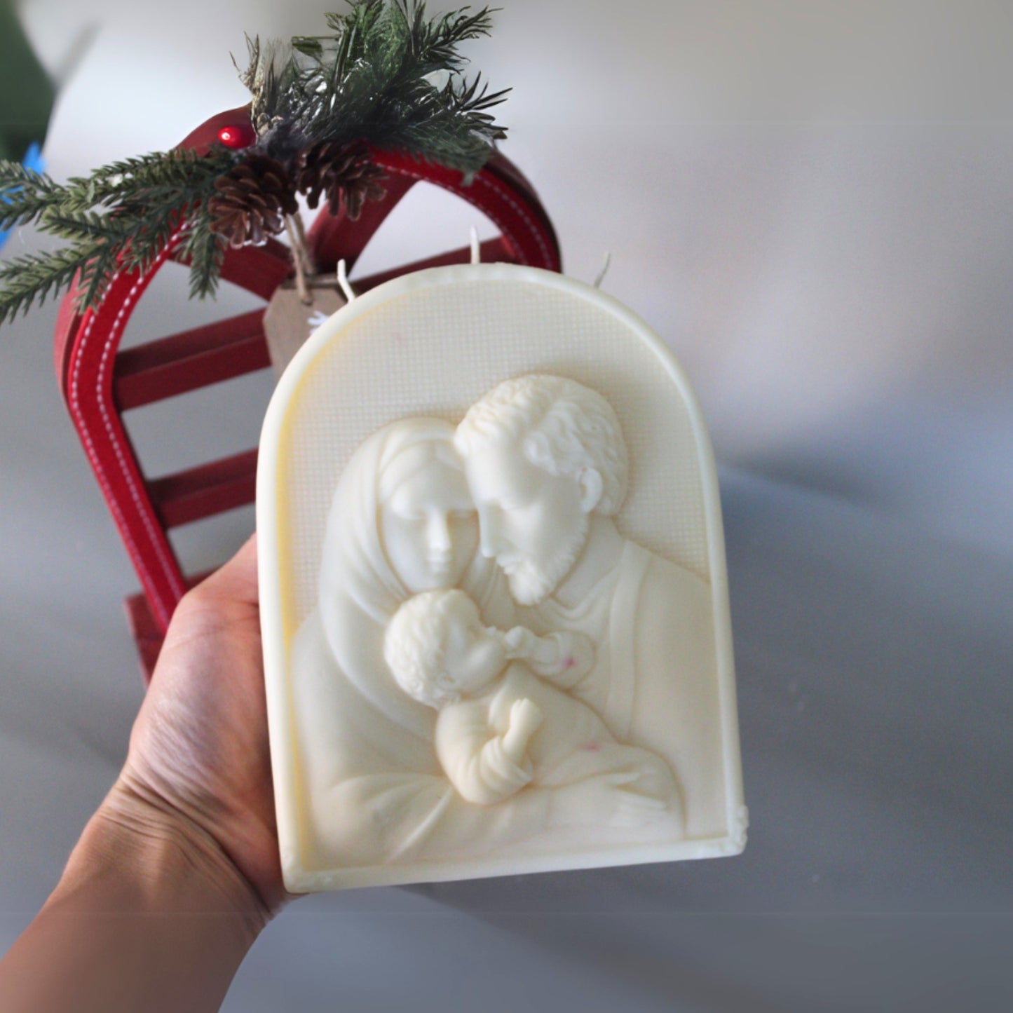 Beige Holy Family candle by Port of Joy, handmade with natural soy wax. Elegant Christian gift candle featuring the Holy Family design, ideal for Christmas decor or religious celebrations.