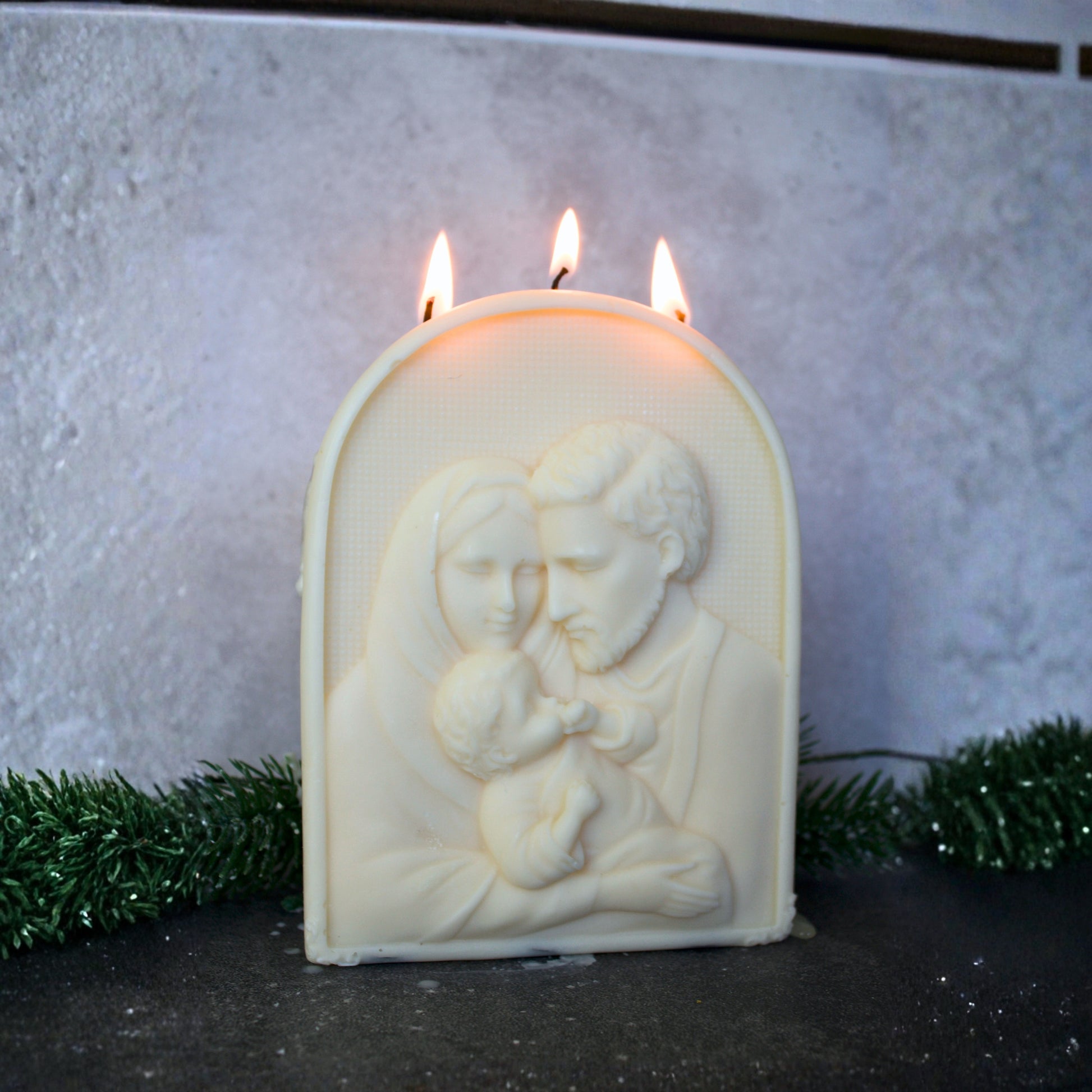 Port of Joy Holy Family large beige pillar candle made from natural soy wax, a beautiful religious present and elegant addition to Christmas home decor