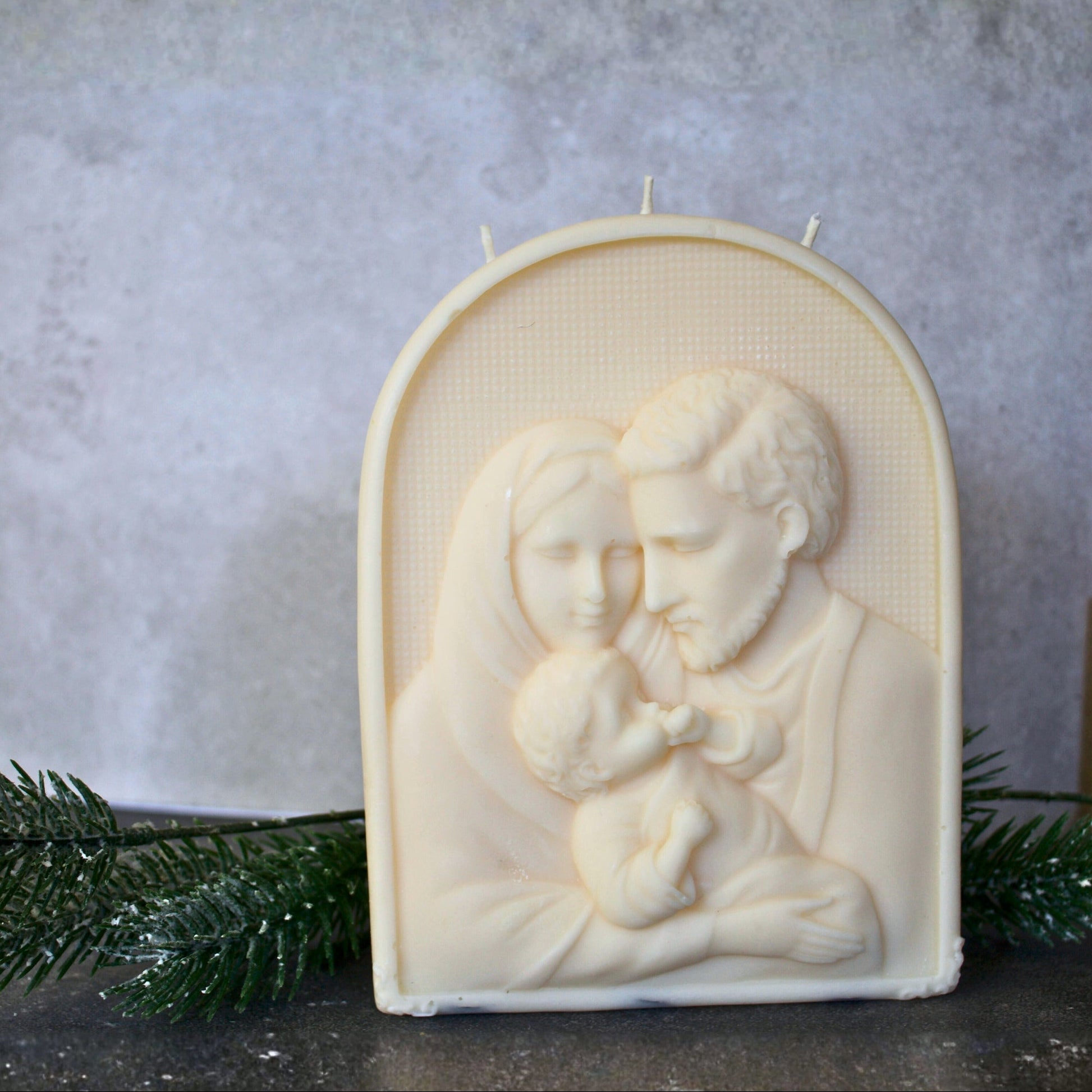 Port of Joy Holy Family candle — handmade beige soy wax pillar candle featuring the Holy Family, ideal Christian gift or holiday home decor piece.