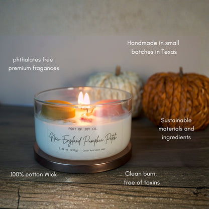 Port of Joy New England Pumpkin Patch candle showcasing its clean burn and eco-friendly properties, made with natural wax and sustainable ingredients.