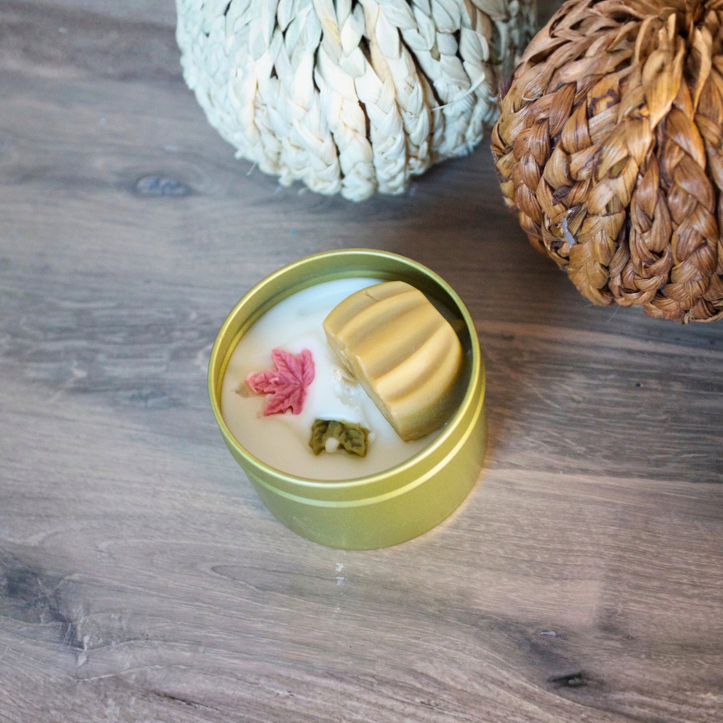 Port of Joy travel-size tin candle with a Pumpkin Caramel Crunch scent, an eco-friendly and vegan fall and holiday gift option.