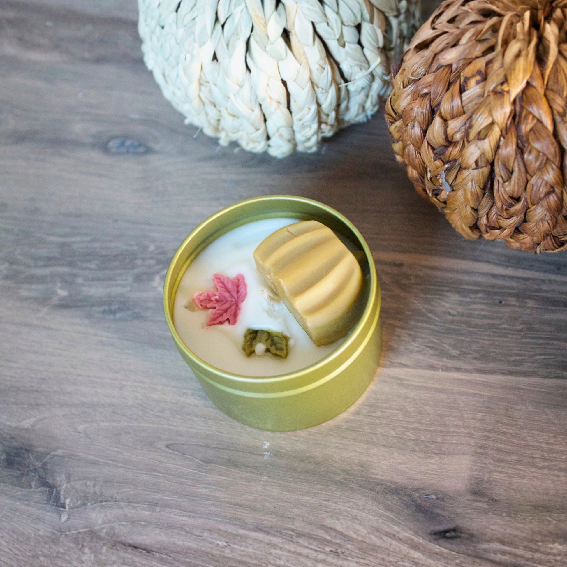 Port of Joy travel-size tin candle with a Pumpkin Caramel Crunch scent, an eco-friendly and vegan fall and holiday gift option.