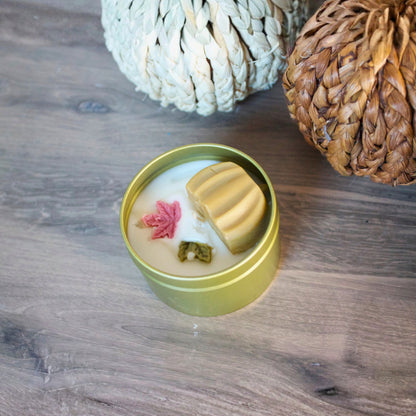 Port of Joy travel-size tin candle with a Pumpkin Caramel Crunch scent, an eco-friendly and vegan fall and holiday gift option.