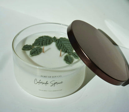 A clear glass jar candle with white wax and green leaf-shaped wicks, shown with its dark brown lid leaning against it on a white surface. The label reads 'PORT OF JOY CO.