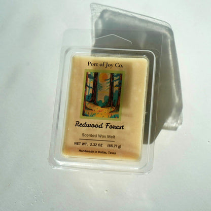 Scented soy wax melt packaging with 'Redwood Forest' label on a white background