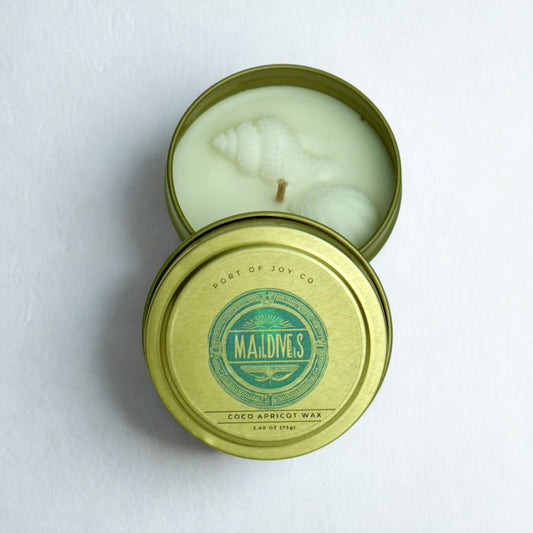 travel tin coconut apricot wax candle with a clean and airy coastal fragrance.